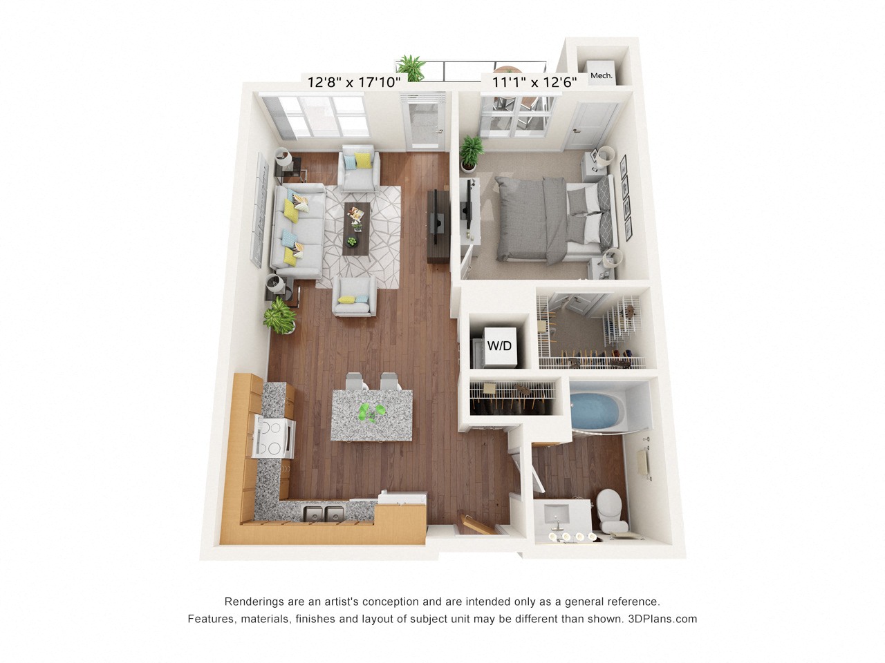Floor plan for 1 bed, 1 bath, 723 sqft